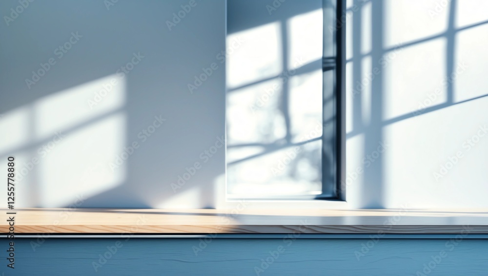 Fototapeta premium Empty table top for product presentation with wall in background and light from window