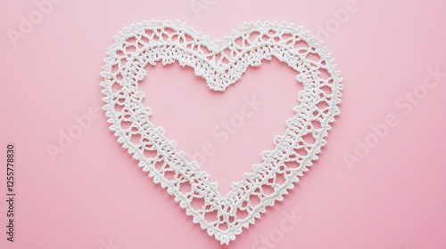 White crochet heart shaped lace on pink background