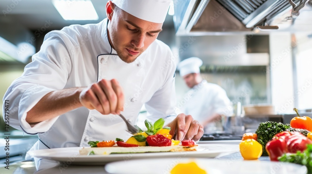 Professional chef meticulously plating a colorful dish in a restaurant kitchen Professional chef meticulously plating a colorful dish in a restaurant kitchen