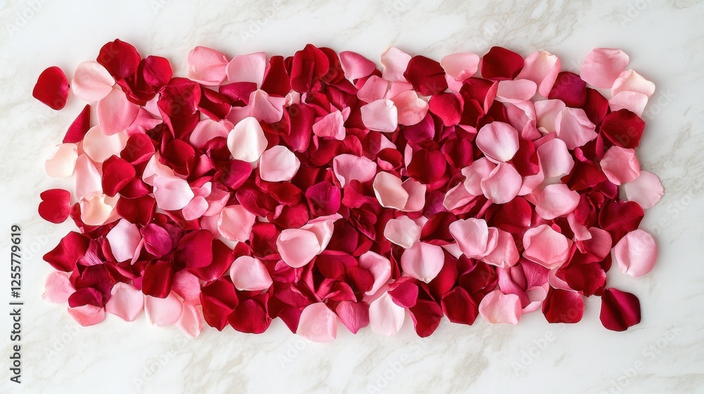 A flat lay of pink and red rose petals scattered across a white marble surface, perfect for a romantic Valentines Day theme. A flat lay of pink and red rose petals scattered across a white marble surface, perfect for a romantic Valentines Day theme.
