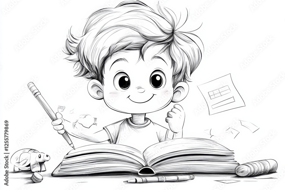 A stylized line-art drawing of a happy pupil holding a large open book A stylized line-art drawing of a happy pupil holding a large open book