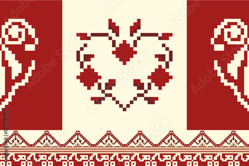 Pixel art floral and geometric pattern with decorative borders in pink and red tones on beige background. Ideal for fabric and wallpaper designs.  photo