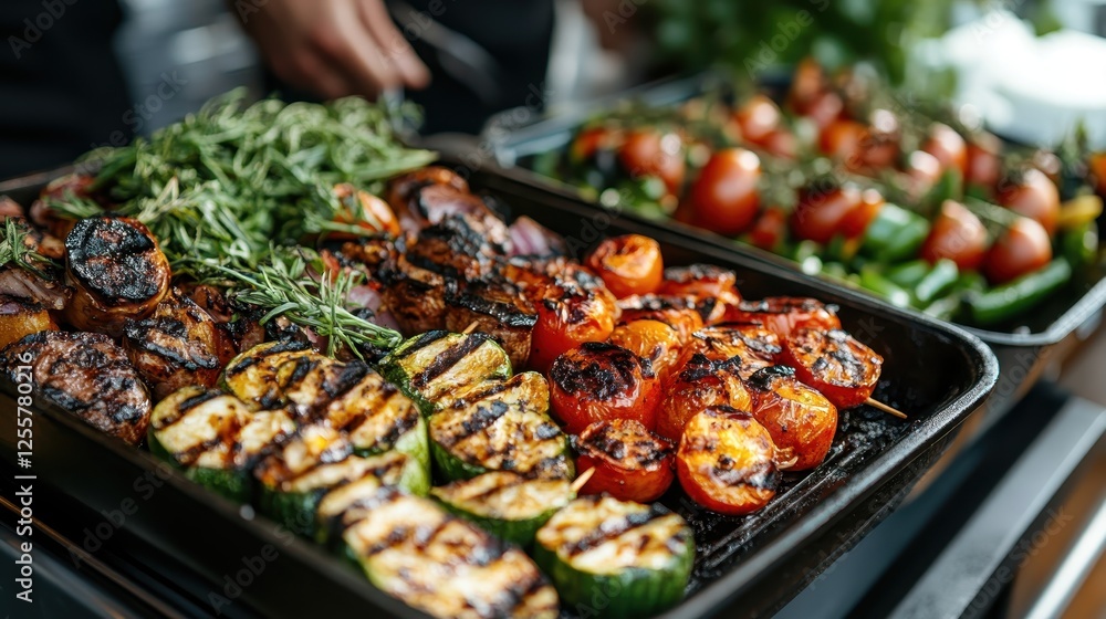 A vibrant assortment of grilled vegetables and meats, beautifully arranged on a tray, showcasing the rich colors and textures of each ingredient for a delightful BBQ feast. A vibrant assortment of grilled vegetables and meats, beautifully arranged on a tray, showcasing the rich colors and textures of each ingredient for a delightful BBQ feast.