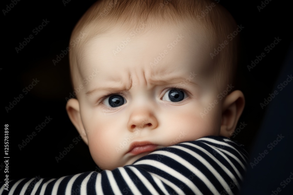 Curious baby with furrowed brow looking thoughtfully while resting in cozy indoor environment Curious baby with furrowed brow looking thoughtfully while resting in cozy indoor environment