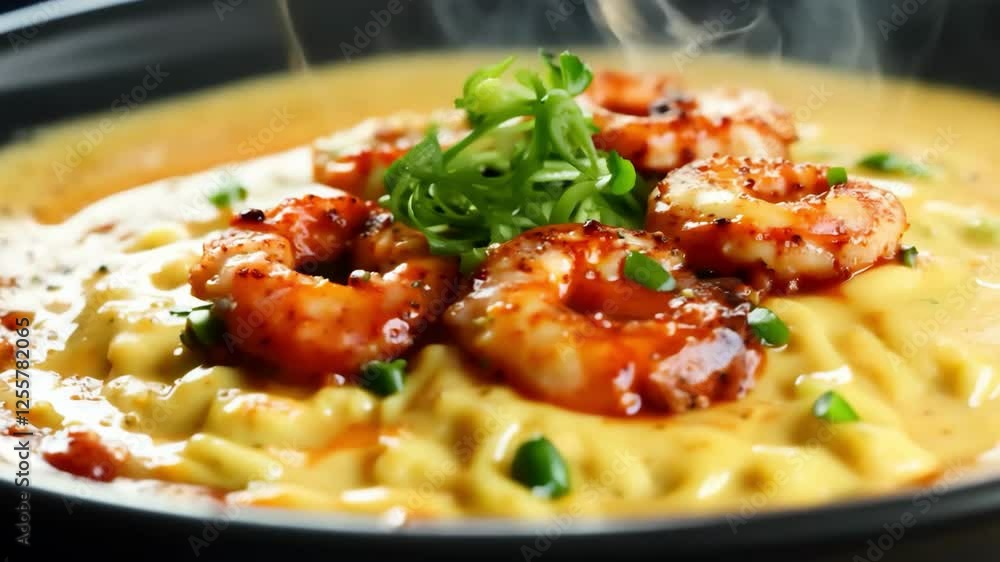 A plate of food with a yellow sauce and shrimp. The dish looks delicious and appetizing. The shrimp are cooked and appear to be seasoned well. The sauce is thick and creamy A plate of food with a yellow sauce and shrimp. The dish looks delicious and appetizing. The shrimp are cooked and appear to be seasoned well. The sauce is thick and creamy