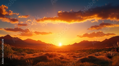 Breathtaking Sunset Over Mountain Range with Fiery Sky and Grassland