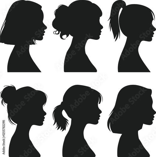 Set of Elegant Female Silhouette Profiles with Different Hairstyles – Vector Illustration