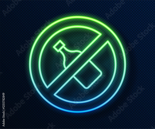 Glowing neon line No alcohol icon isolated on blue background. Prohibiting alcohol beverages. Forbidden symbol with beer bottle glass. Vector