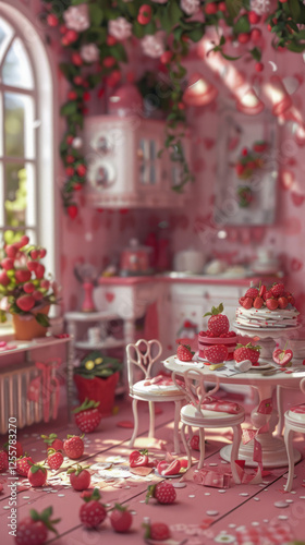 Whimsical Strawberry Kitchen Miniature Pink Room with Cakes and Confetti
