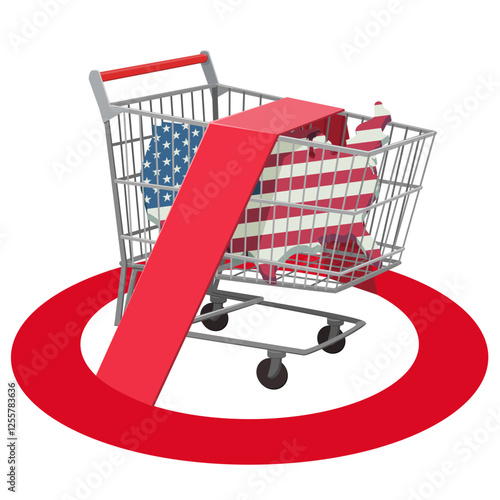 Supermarket trolley with USA map in the colors of the American flag on which the red circular prohibition symbol is placed (cut out)