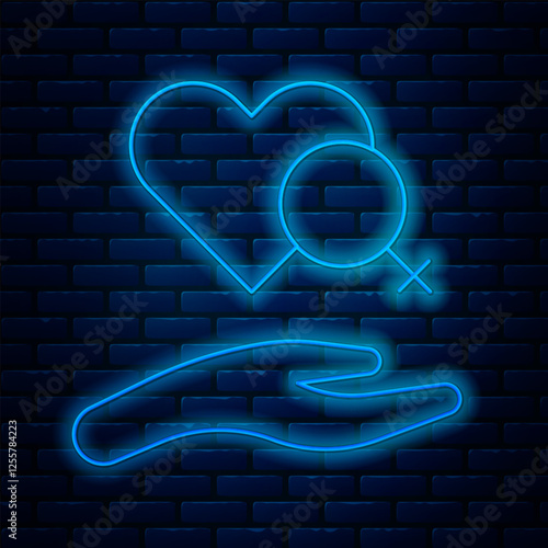 Glowing neon line Heart with female gender symbol icon isolated on brick wall background. Venus symbol. The symbol for a female organism or woman. Vector