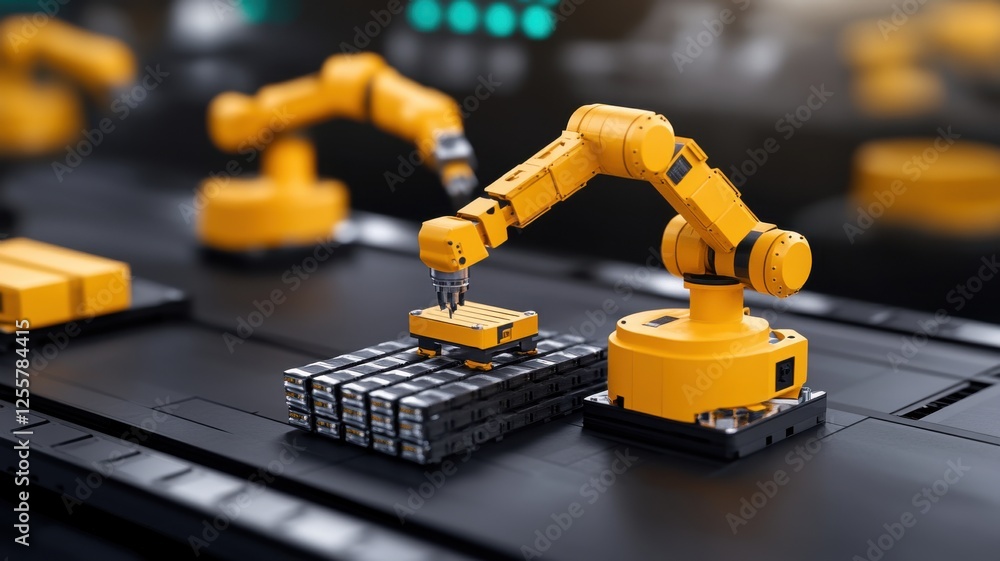 Supply Chain Security concept. Industrial robots assembling packages in a modern factory setting. Supply Chain Security concept. Industrial robots assembling packages in a modern factory setting.