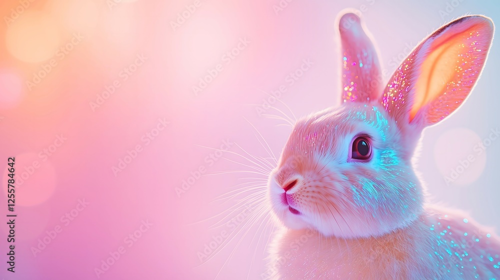 Cute, iridescent bunny on the right side on a pastel pink background. Easter, aesthetic, copy space concept.