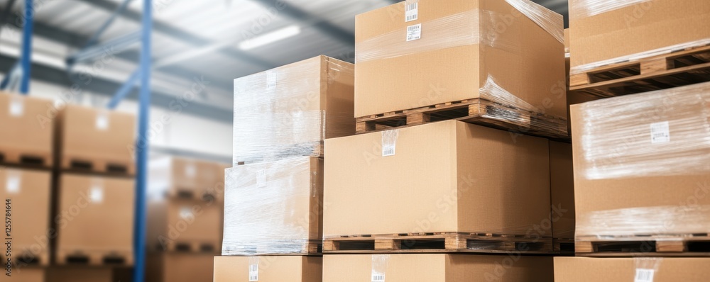 Supply Chain Security concept. Stacked cardboard boxes in a warehouse setting. Supply Chain Security concept. Stacked cardboard boxes in a warehouse setting.