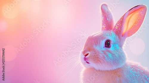 Obraz na płótnie Cute, iridescent bunny on the right side on a pastel pink background. Easter, aesthetic, copy space concept. w salonie