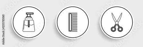 Set line Scissors hairdresser, Aftershave and Hairbrush icon. Vector