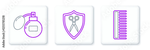 Set line Hairbrush, Aftershave and Scissors hairdresser and shield icon. Vector