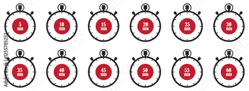 Set of timer and stopwatch icons.  Stopwatch icon set displaying time intervals from 5 to 60 minutes for countdown and scheduling. Kitchen timer icon with different minutes from 5 to 60 minutes. watch