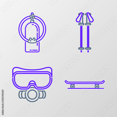 Set line Skateboard, Diving mask, Ski poles and Aqualung icon. Vector