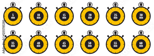 Set of timers. Stopwatch icons. Countdown5 10 15 20 25 30 35 40 45 50 55 and 60 minutes.  Set of Timer and Stopwatch Icons Kitchen Timer with Different Minute Intervals Cooking Time Symbols and Labels