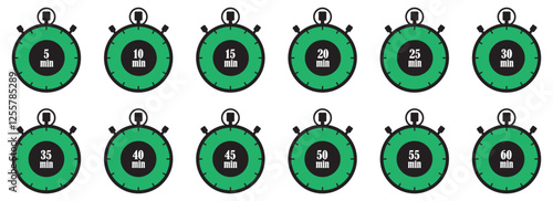 Set of timer and stopwatch symbols. Kitchen timer icon with different minutes. Timer and Stopwatch Icon Set. Kitchen Timer with Minute Labels. Cooking Time Stopwatch Icons. Vector illustration
