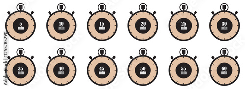 Stopwatch, timer icons set. Speed ​​measurements, countdown from 5 to 60 minutes. Set of timer and stopwatch icons. Kitchen timer with minute labels. Cooking time symbols. Vector illustration