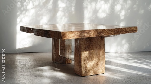 A wooden table with a glass top sitting in a room, perfect for office or home decor