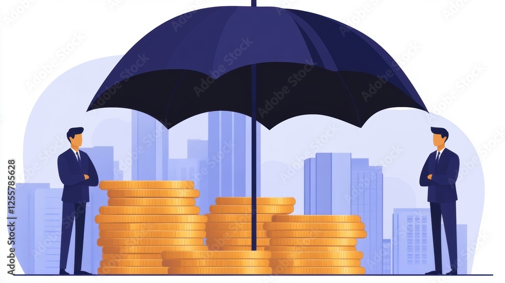 Businessmen under an umbrella protecting stacks of coins, symbolizing financial security and investment.
