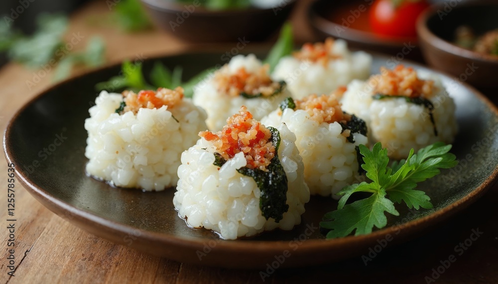 Artistic presentation of homemade rice balls with delicious toppings Artistic presentation of homemade rice balls with delicious toppings