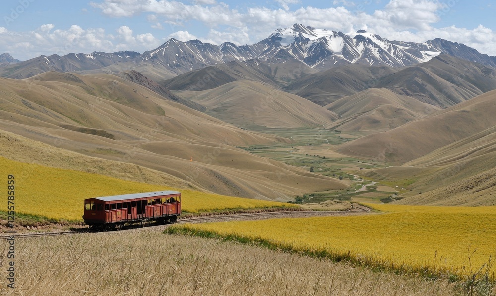 Naklejka premium Antique train traversing golden valley, snow-capped Andes backdrop