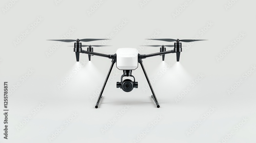 Drone with Camera and Lights on Plain Background for Aerial Photography and Filming Drone with Camera and Lights on Plain Background for Aerial Photography and Filming