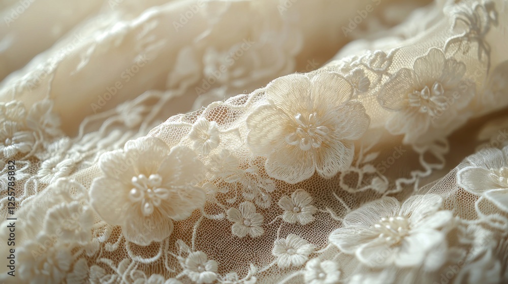 Elegant Ivory Lace Fabric with 3D Floral Embroidered Details Wedding Dress Texture