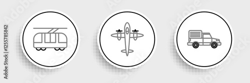 Set line Delivery cargo truck vehicle, Tram and railway and Old retro vintage plane icon. Vector