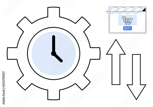 Gear-shaped clock representing time, shopping cart in store icon above a BUY button, and up and down arrows. Ideal for e-commerce, time management, efficiency, productivity, online shopping