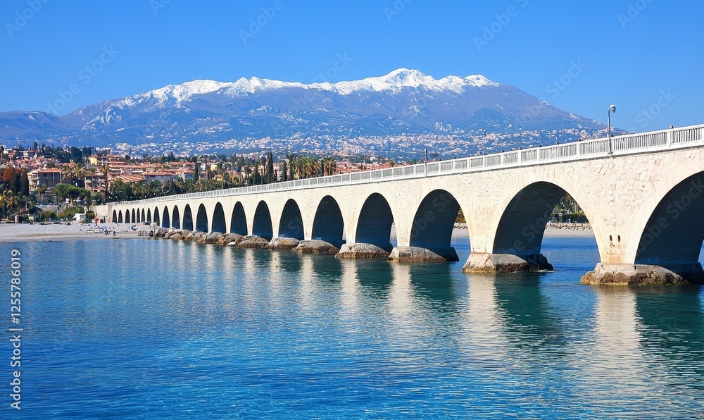 Fototapeta premium Arched bridge over turquoise water, snow-capped mountains, coastal town