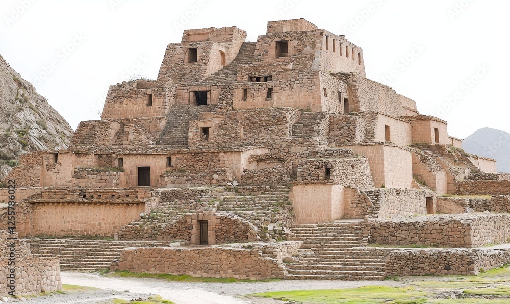 Fototapeta premium Ancient stone pyramid ruins in mountain valley, historical architecture, potential travel destination