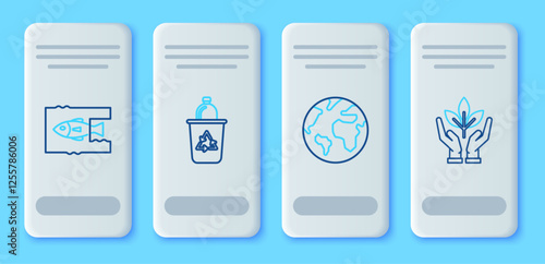 Set line Recycle bin with recycle symbol, Earth globe, Stop ocean plastic pollution and Plant hand of environmental protection icon. Vector