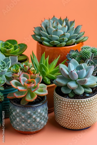 Minimalist Cactus Collection: Color Image of Succulent Plants on a Modern Shelf photo