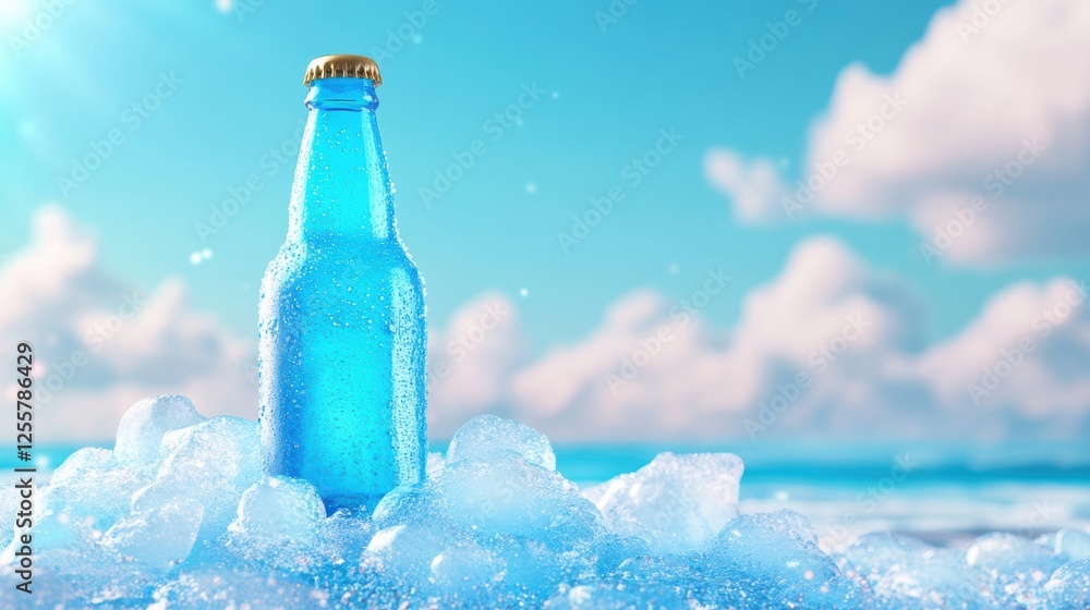 Chilled blue drink bottle on ice against a bright sky background.