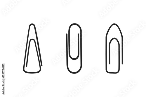  Paper clip emoji icon set. Office paperclip in black colors. School supplies. Stationery elements. Cartoon design objects isolated on white. Vector Illustration