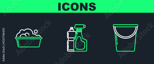 Set line Bucket, Plastic basin with soap suds and bottles for liquid dishwashing liquid icon. Vector