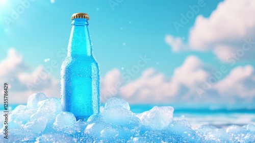 Obraz na płótnie Chilled blue drink bottle on ice against a bright sky background. w salonie