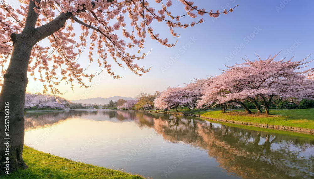 serene landscape featuring cherry blossom trees by calm lake at sunset, reflecting beauty of nature serene landscape featuring cherry blossom trees by calm lake at sunset, reflecting beauty of nature