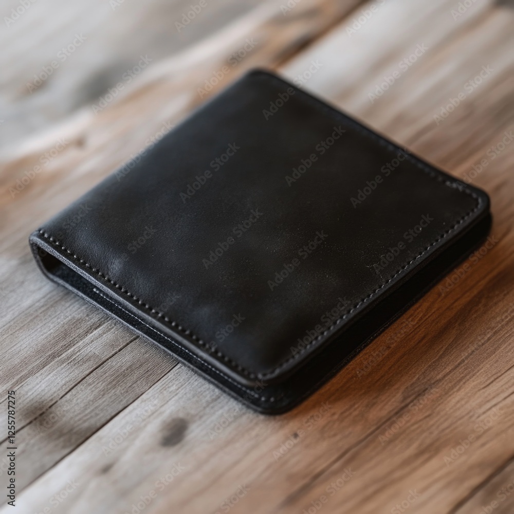 A black wallet sits atop a wooden table, ready for use A black wallet sits atop a wooden table, ready for use