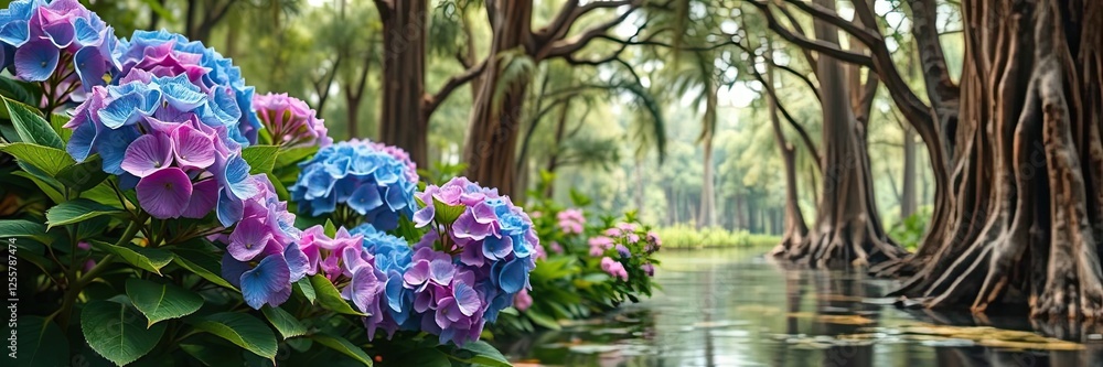 Vibrant Blue and Purple Hydrangeas Blooming by a Tranquil Canal in a Lush Green Park Vibrant Blue and Purple Hydrangeas Blooming by a Tranquil Canal in a Lush Green Park