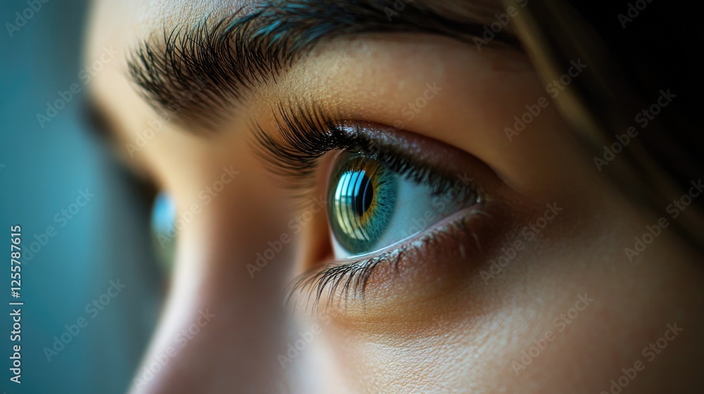 A close-up shot of a woman's blue eye with detailed eyelashes and eyebrow