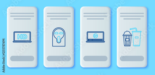 Set line Funny and scary ghost mask, Online play video, Laptop screen with HD technology and Popcorn soda drink glass icon. Vector