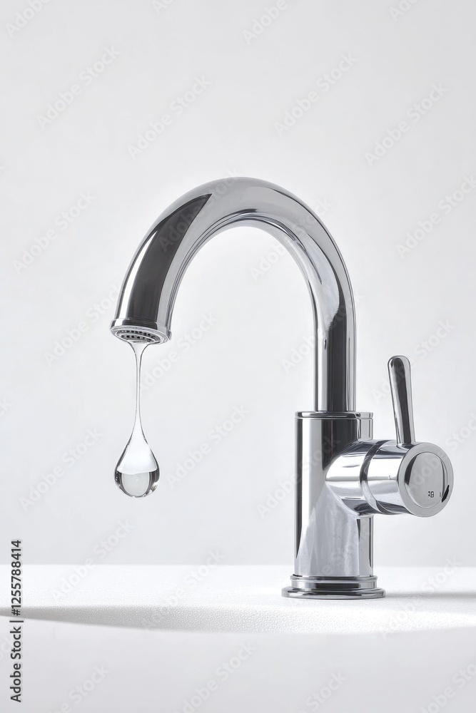 A close-up shot of a faucet with a small drip of water emerging from the spout A close-up shot of a faucet with a small drip of water emerging from the spout