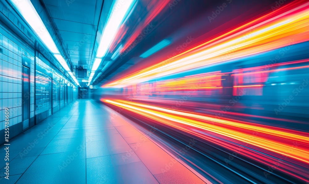 Blurred train in motion at modern subway station with vibrant lights Blurred train in motion at modern subway station with vibrant lights