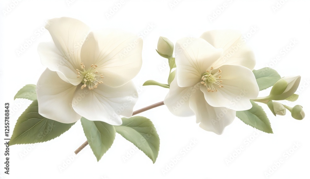 Obraz premium Two Delicate Cream Flowers Against White Background